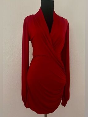 Savee Couture Elegant Red Long-Sleeve Wrap-Style Dress